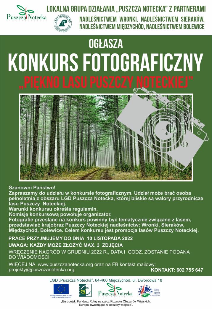 Plakat&#x20;przedstawia&#x20;zdjęcie&#x20;lasu&#x2c;&#x20;tytuł&#x20;konkursu&#x2c;&#x20;najważniejsze&#x20;informacje&#x20;i&#x20;loga&#x2e;